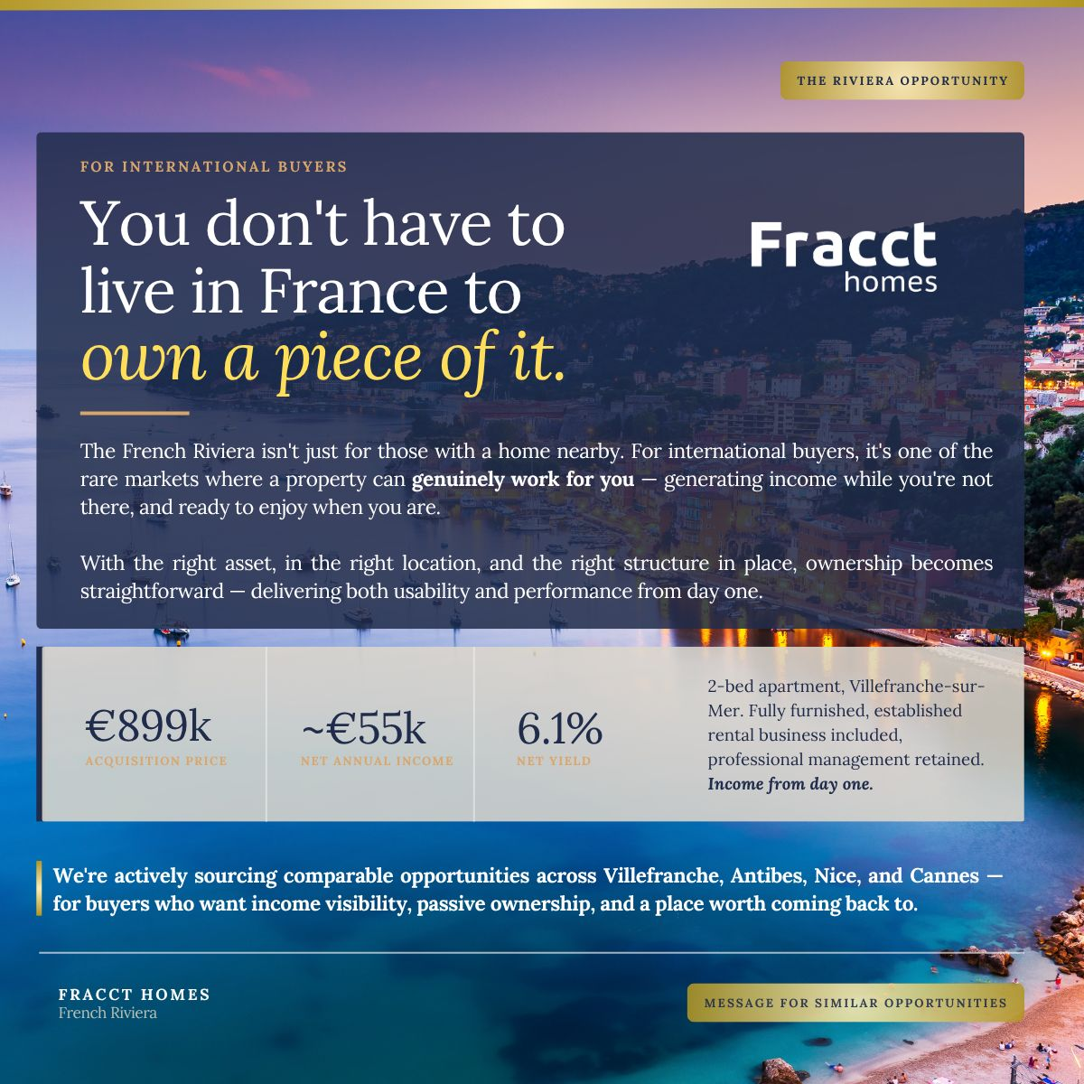 Fracct Homes — a €899k Villefranche-sur-Mer apartment generating ~€55k net income at a 6.1% net yield