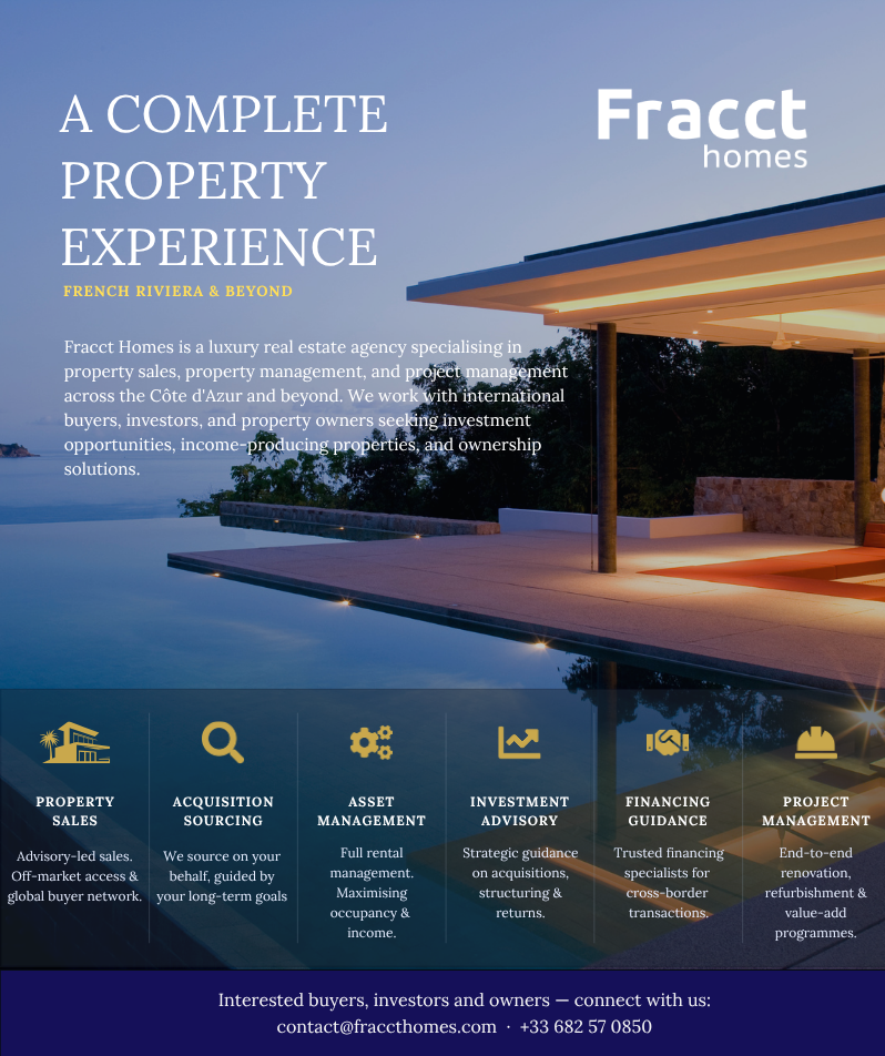 Fracct Homes — a complete property experience: sales, acquisition sourcing, asset management, investment advisory, financing guidance and project management across the French Riviera