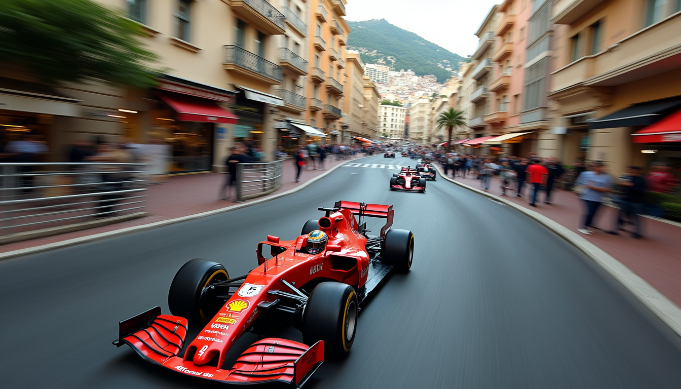 Formula 1 cars racing through the streets of Monte-Carlo at the Monaco Grand Prix