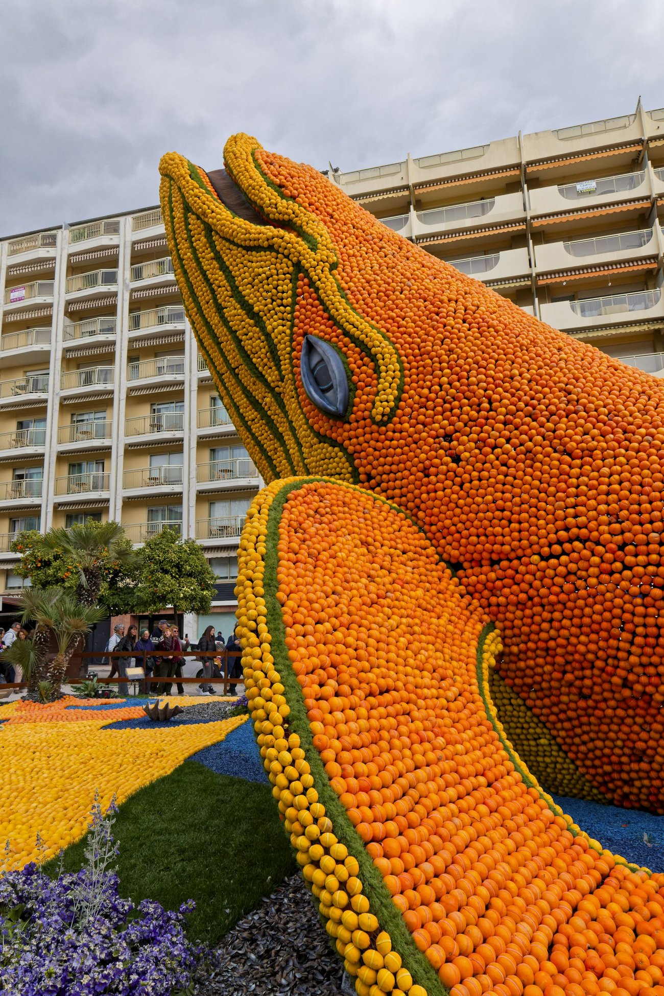 Citrus sculptures in the Jardins Biovès during the Menton Lemon Festival